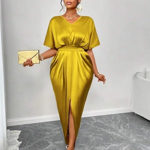 Women's Long Dress Maxi Dress Party Dress Cocktail Dress Satin Dress Elegant Modern Party Evening Party Regular Fit Plain Short Sleeve V Neck Black Dresses | Elegant Mustard Satin Gold Evening Wedding Guest Dress | Poshmark